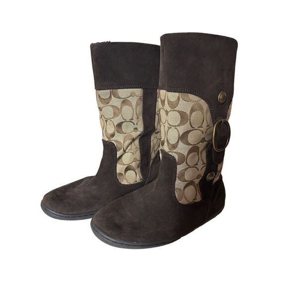 Coach Meyer Khaki Chestnut Brown C Logo Signature & Suede Boots Brass Sz 6.5 - Picture 1 of 9